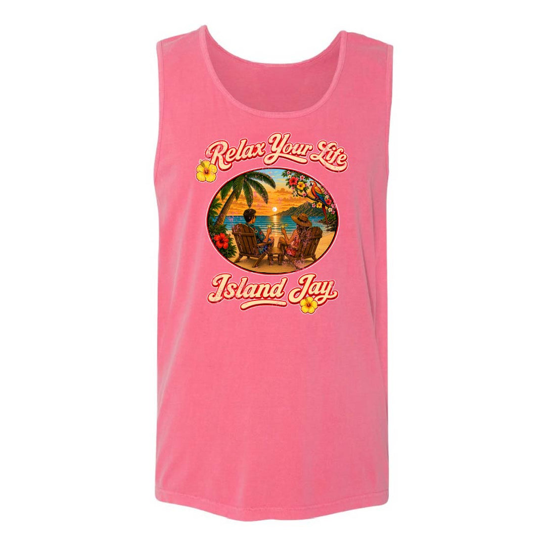 Pink tank top with 'Relax Your Life Island Jay' graphic on a white background