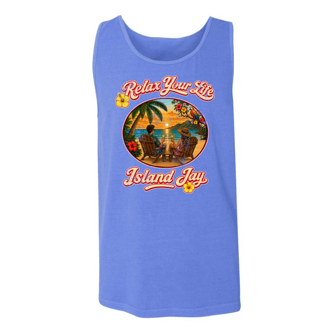Blue tank top with 'Relax Your Life Island Jay' graphic design on a white background
