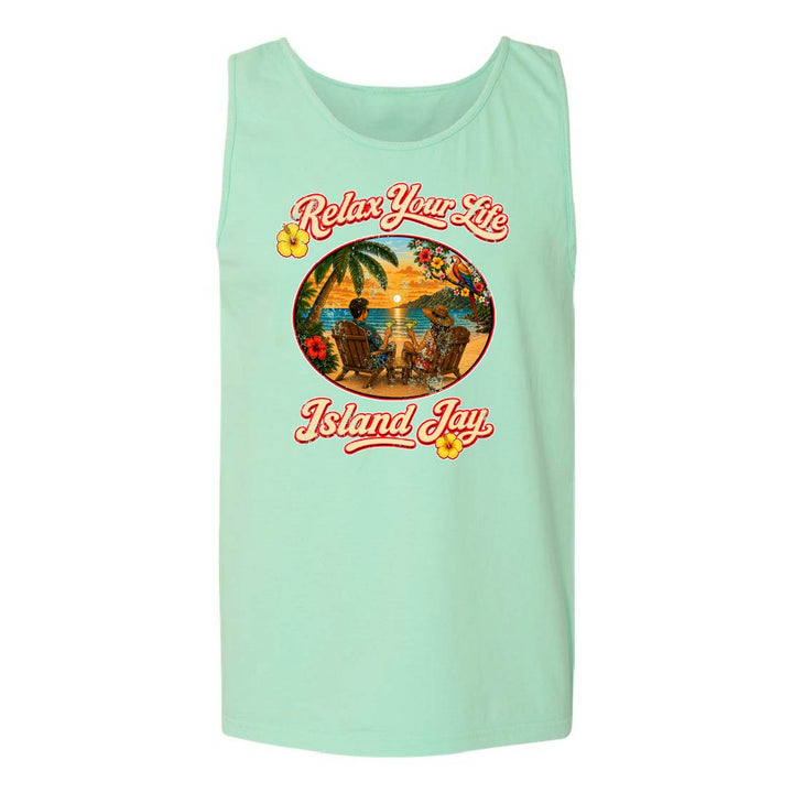 Mint green tank top with 'Relax Your Life Island Jay' graphic design on a white background