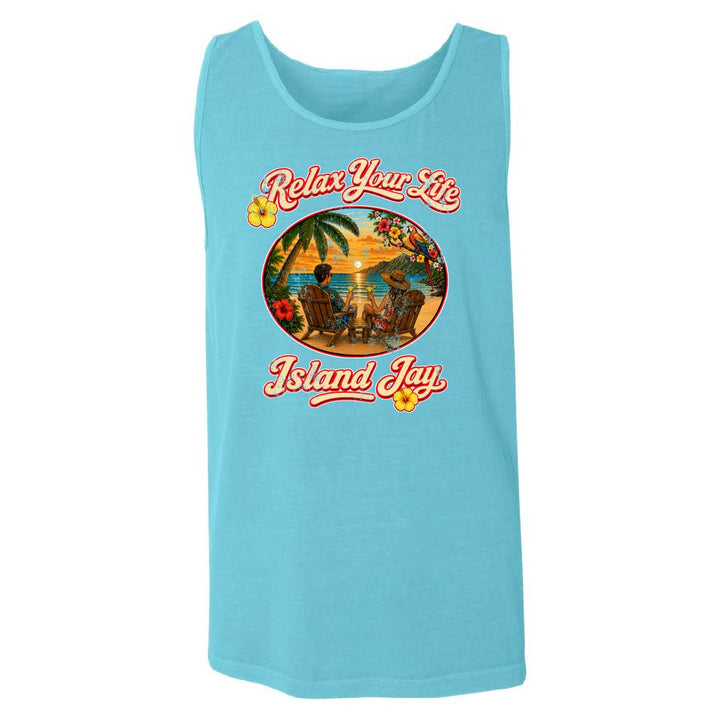 Light blue tank top with tropical graphic and 'Relax Your Life Island Jay' text on a white background