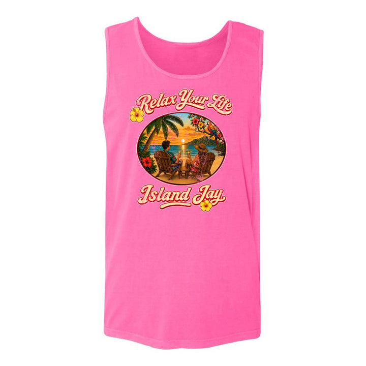 Pink tank top with 'Relax Your Life' and 'Island Jay' design on a white background