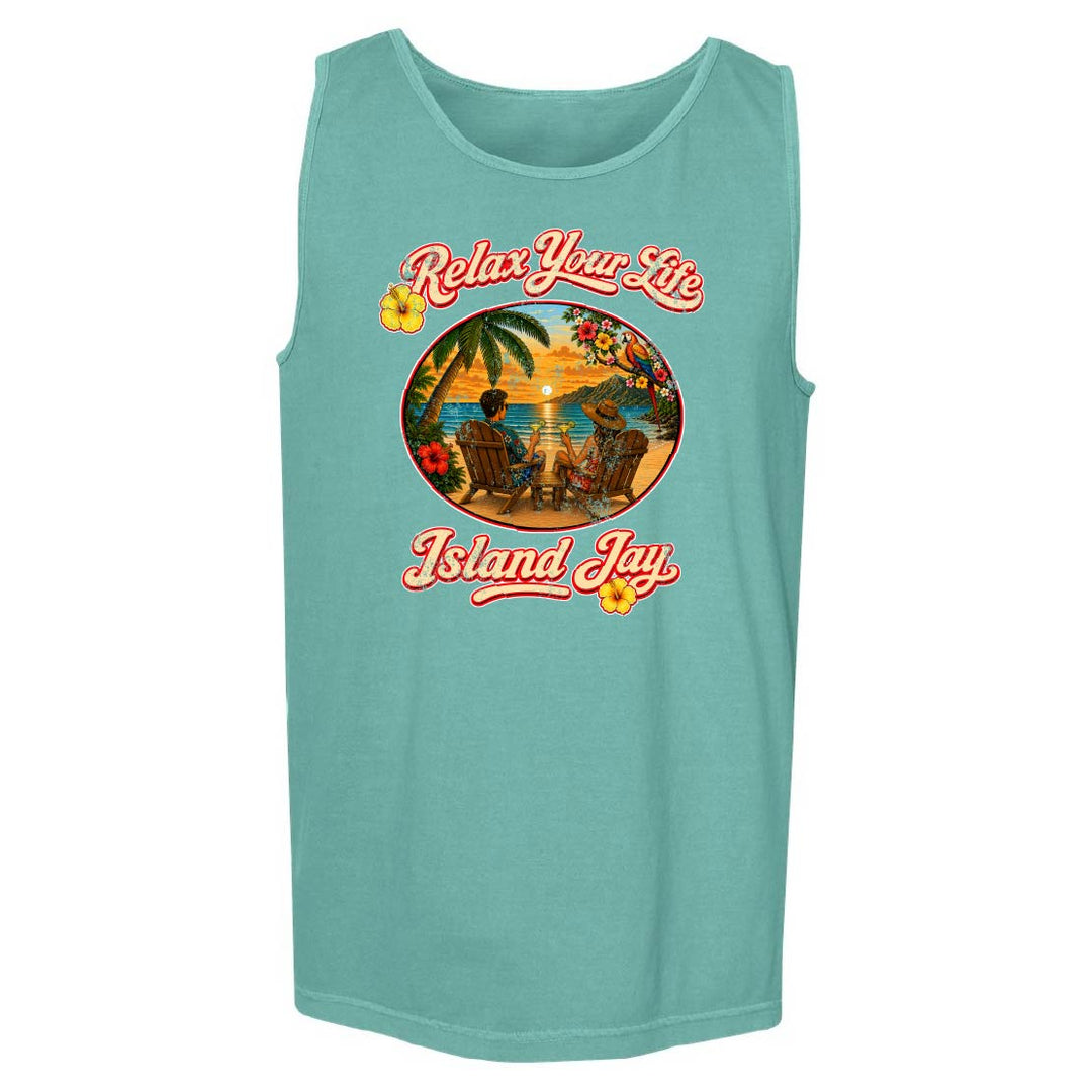 Teal tank top with 'Relax Your Life' and 'Island Jay' graphic on a white background