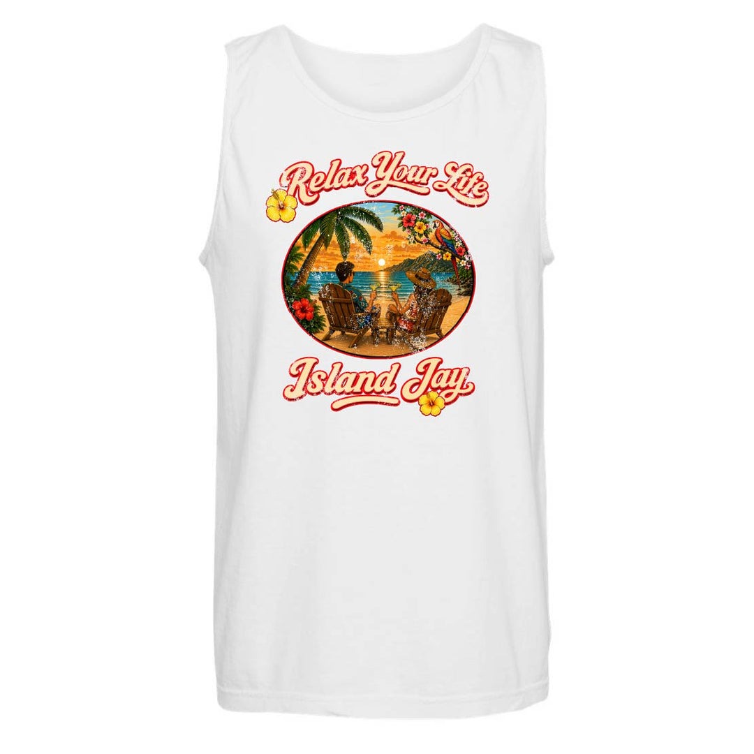 White tank top with a tropical graphic and 'Relax Your Life Island Joy' text on a white background