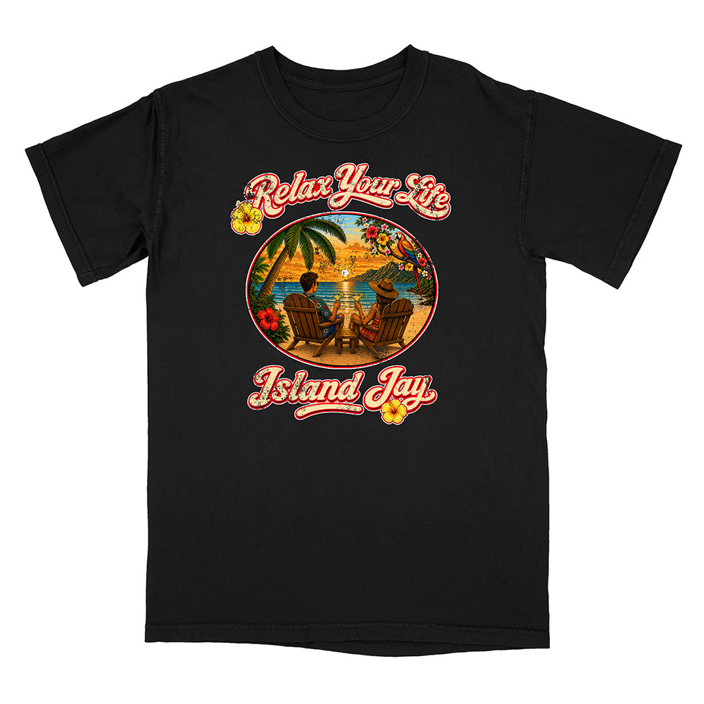Black t-shirt with 'Relax Your Life Island Jay' graphic design on a white background