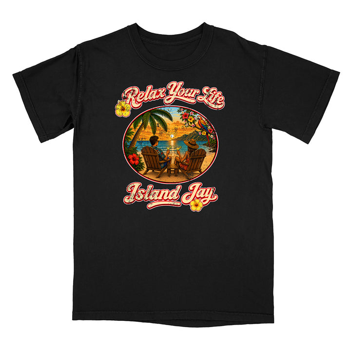Black t-shirt with 'Relax Your Life Island Jay' graphic design on a white background