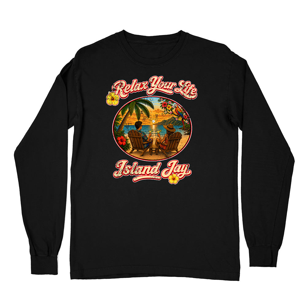 Black long-sleeve shirt with 'Relax Your Life' and 'Island Jay' graphic design on a white background