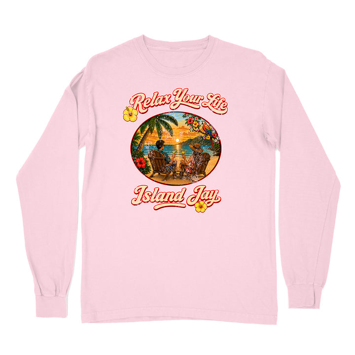 Pink long-sleeve shirt with a tropical graphic and 'Relax Your Life, Island Jay' text on a white background