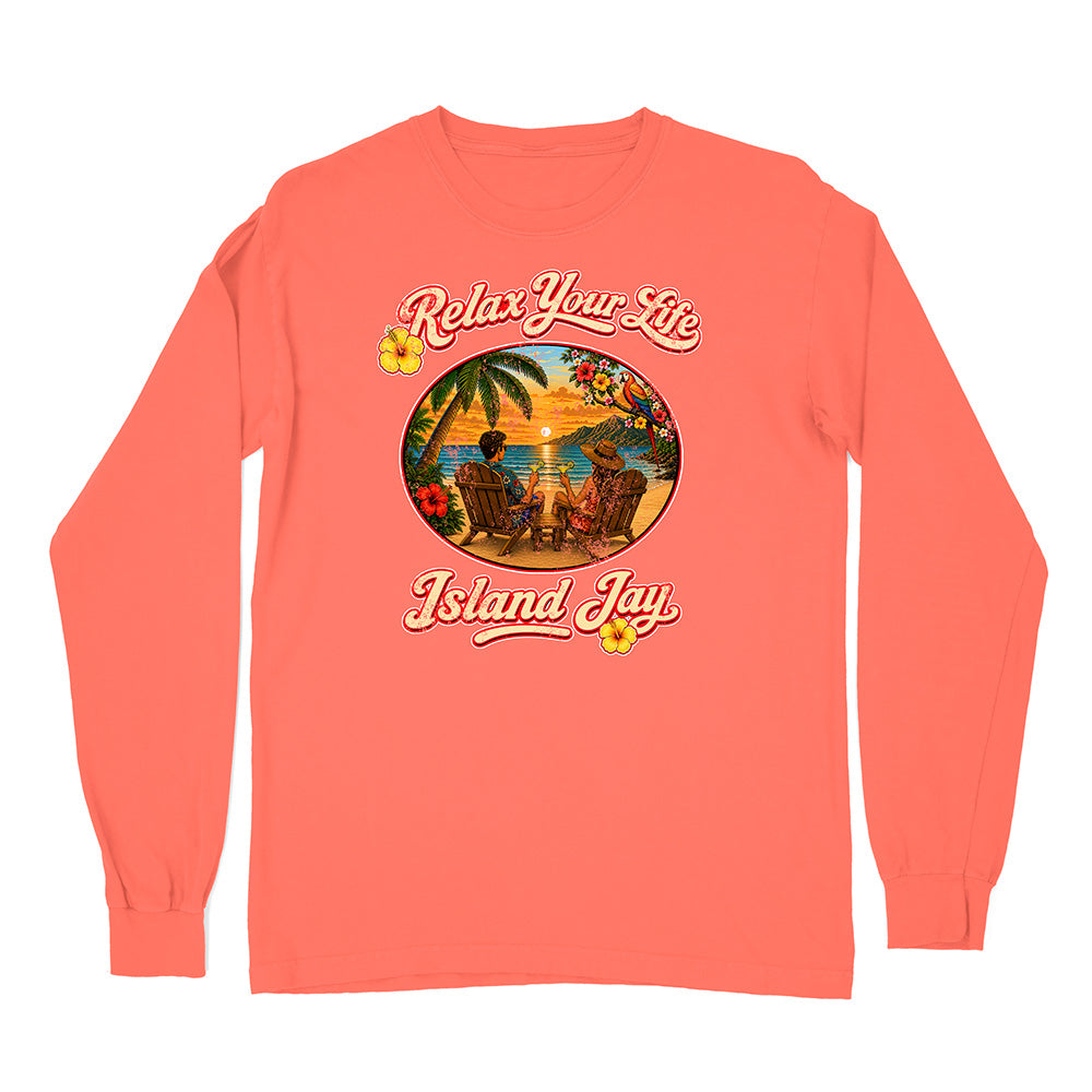 Coral long-sleeve shirt with tropical graphic and 'Relax Your Life, Island Jay' text on a white background