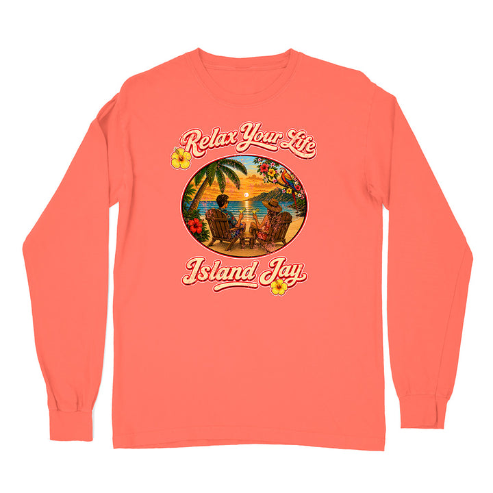 Coral long-sleeve shirt with tropical graphic and 'Relax Your Life, Island Jay' text on a white background