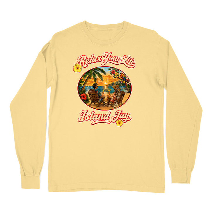 Yellow long-sleeve shirt with tropical graphic and text on a white background