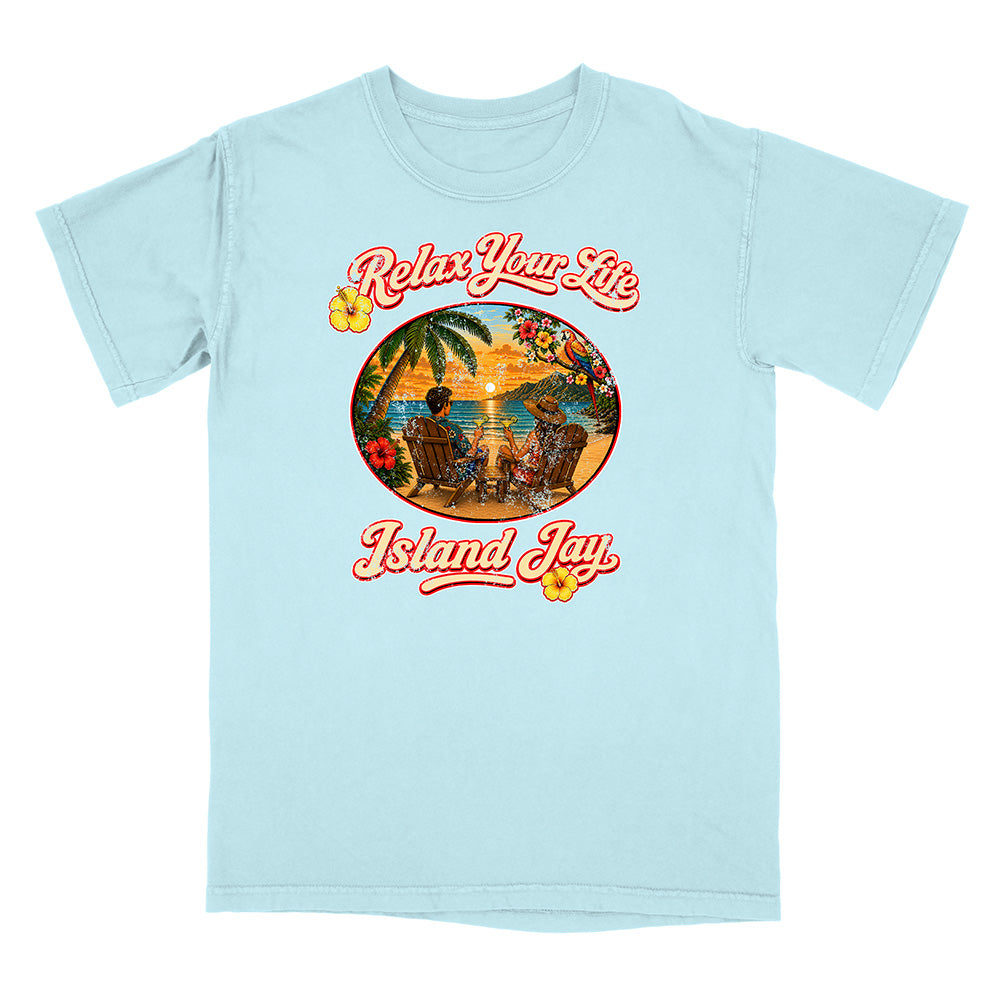 Light blue t-shirt with tropical graphic and 'Relax Your Life Island Jay' text on a white background
