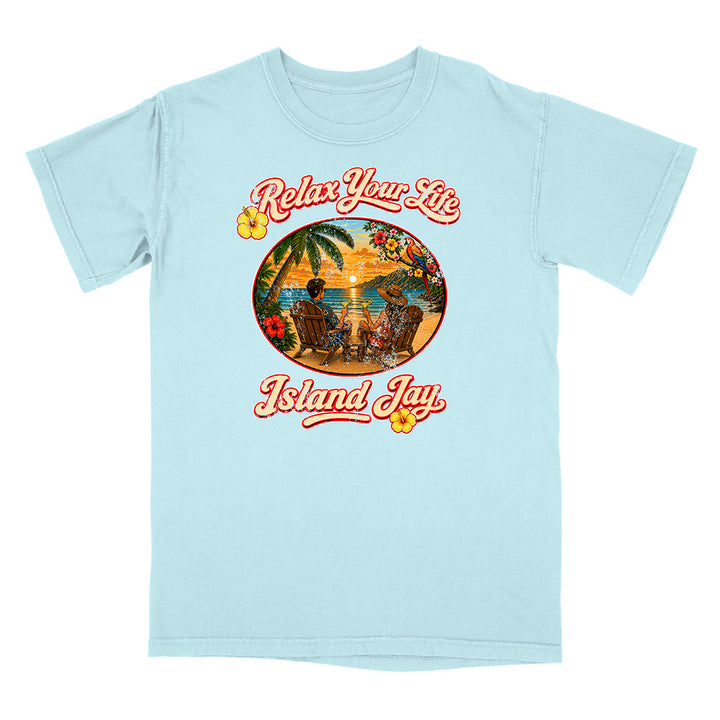 Light blue t-shirt with tropical graphic and 'Relax Your Life Island Jay' text on a white background