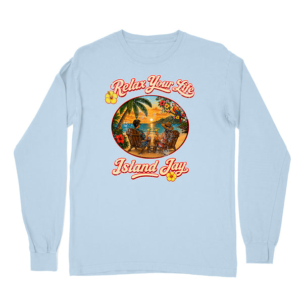 Light blue long-sleeve shirt with a tropical graphic and 'Relax Your Life Island Jay' text on a white background