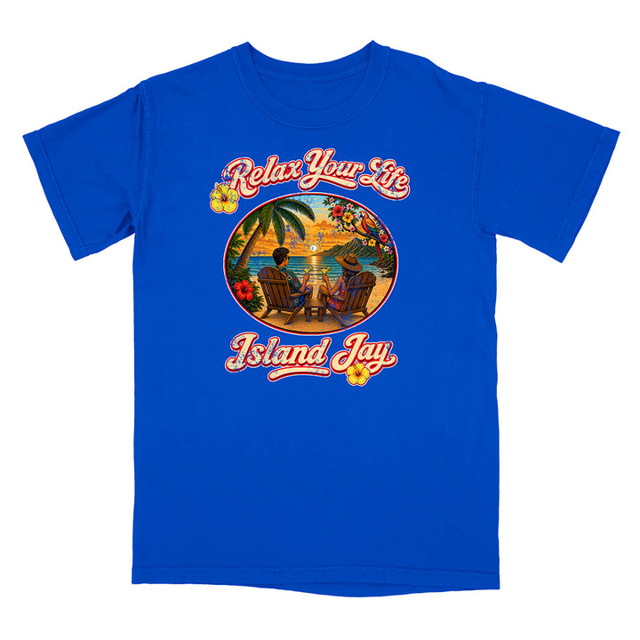 Blue t-shirt with 'Relax Your Life Island Jay' graphic design on a white background