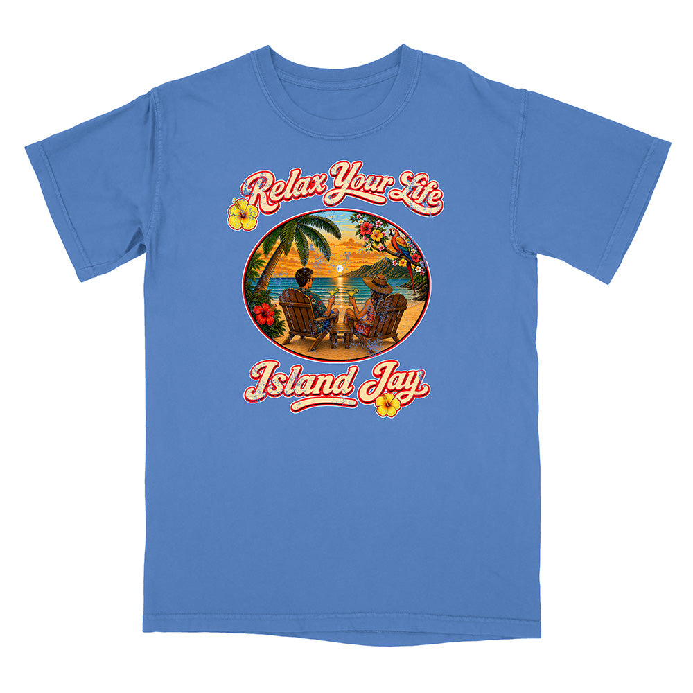 Blue t-shirt with 'Relax Your Life' and 'Island Jay' graphic design on a white background
