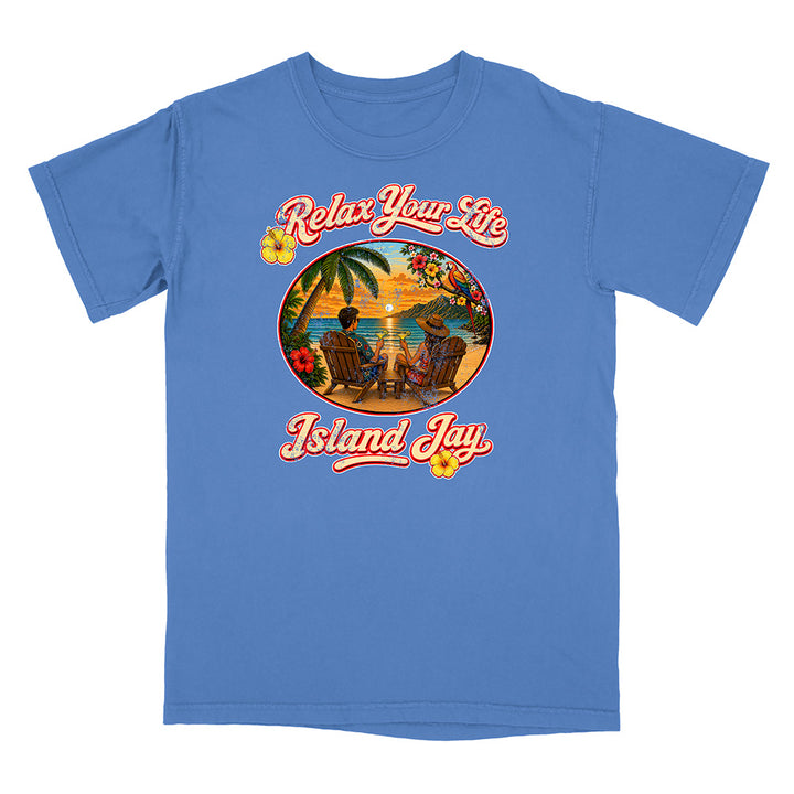 Blue t-shirt with 'Relax Your Life' and 'Island Jay' graphic design on a white background