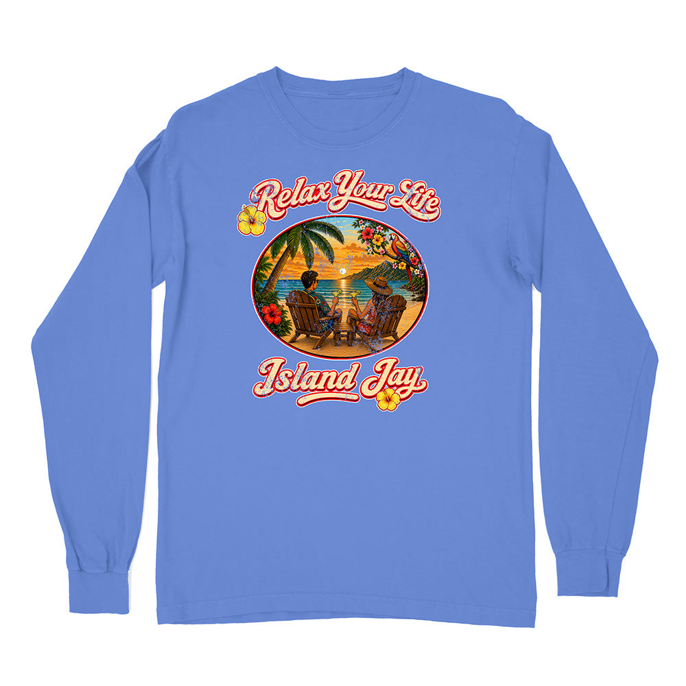 Blue long-sleeve shirt with 'Relax Your Life Island Jay' graphic design on a white background