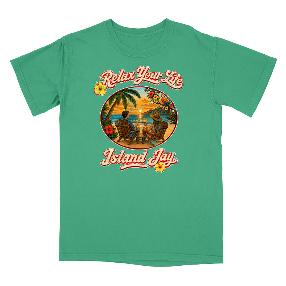 Green t-shirt with 'Relax Your Life' and 'Island Jay' graphic design on a white background