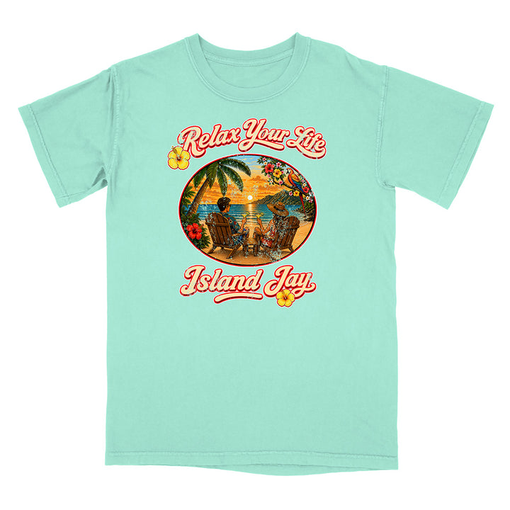 Mint green t-shirt with tropical graphic and 'Relax Your Life Island Jay' text on a white background