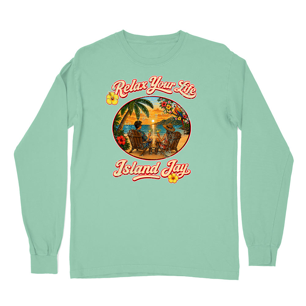 Mint green long-sleeve shirt with a tropical graphic and 'Relax Your Life, Island Jay' text on a white background.