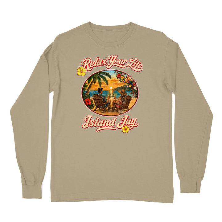 Beige long-sleeve shirt with a tropical graphic and 'Relax Your Life, Island Jay' text on a white background