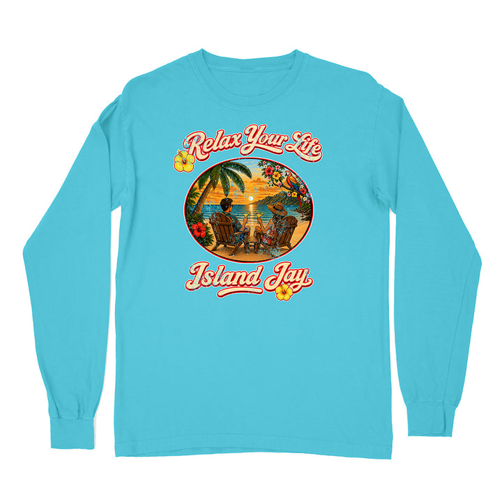 Blue long-sleeve shirt with 'Relax Your Life Island Jay' graphic design on a white background