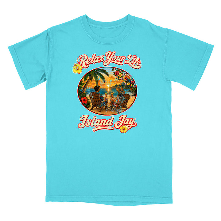 Blue t-shirt with tropical graphic and 'Island Jay' text on a white background