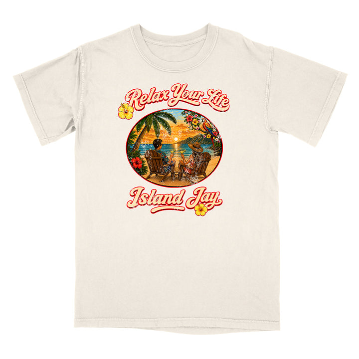 Beige t-shirt with a tropical graphic and 'Island Jay' text on a white background
