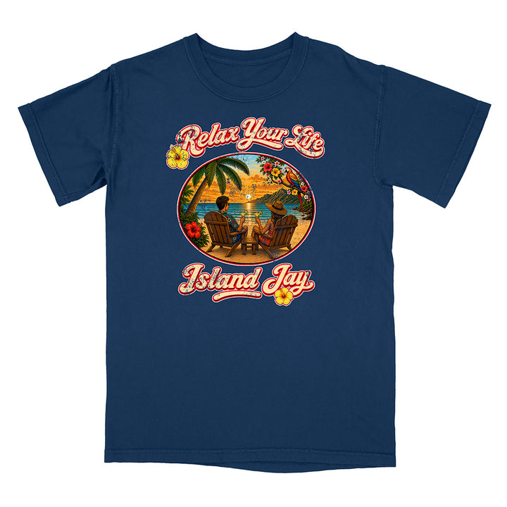 Navy blue t-shirt with 'Relax Your Life' and 'Island Jay' graphic design on a white background