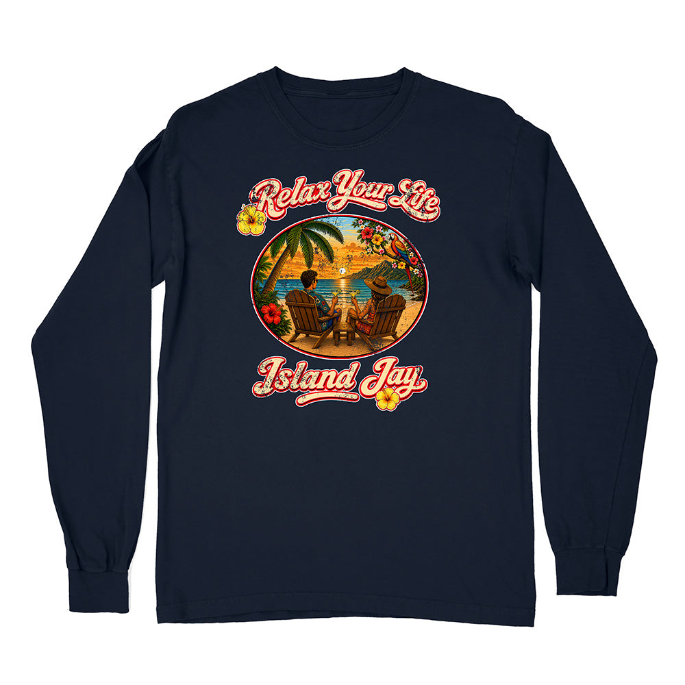 Navy blue long-sleeve shirt with 'Relax Your Life Island Jay' graphic design on a white background