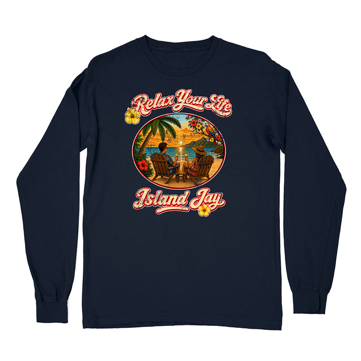 Navy blue long-sleeve shirt with 'Relax Your Life Island Jay' graphic design on a white background