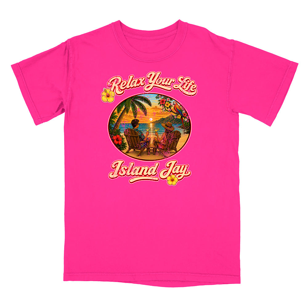 Pink t-shirt with 'Relax Your Life' and 'Island Jay' design on a white background