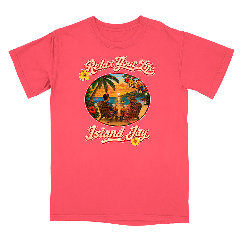 Pink t-shirt with 'Island Jay' tropical graphic design on a white background
