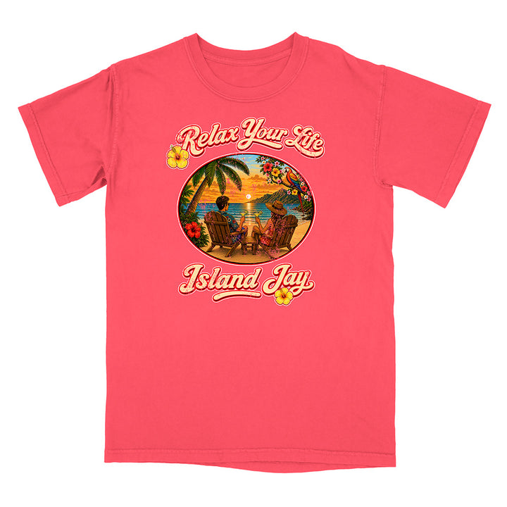 Pink t-shirt with 'Island Jay' tropical graphic design on a white background