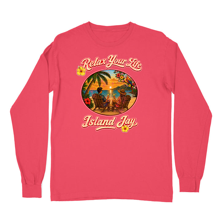 Pink long-sleeve shirt with 'Relax Your Life' and 'Island Jay' design on a white background