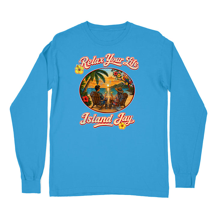 Blue long-sleeve shirt with 'Relax Your Life' and 'Island Jay' design on a white background