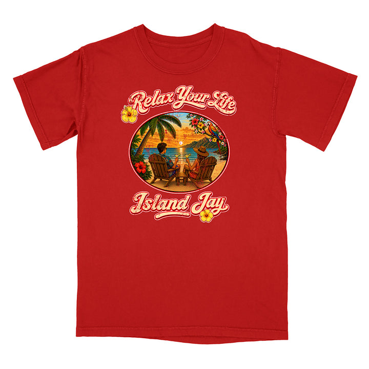 Red t-shirt with 'Relax Your Life' and 'Island Jay' graphic on a white background