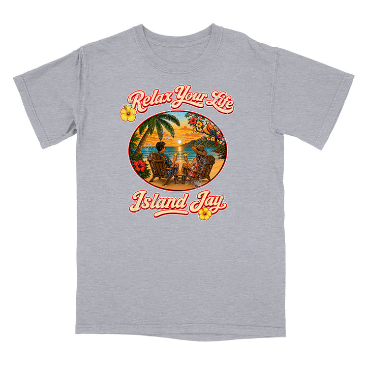 Gray t-shirt with 'Relax Your Life' and 'Island Jay' graphic design on a white background
