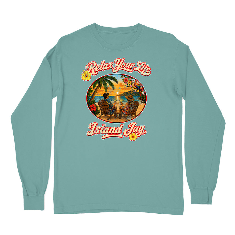 Teal long-sleeve shirt with 'Relax Your Life, Island Jay' graphic design on a white background