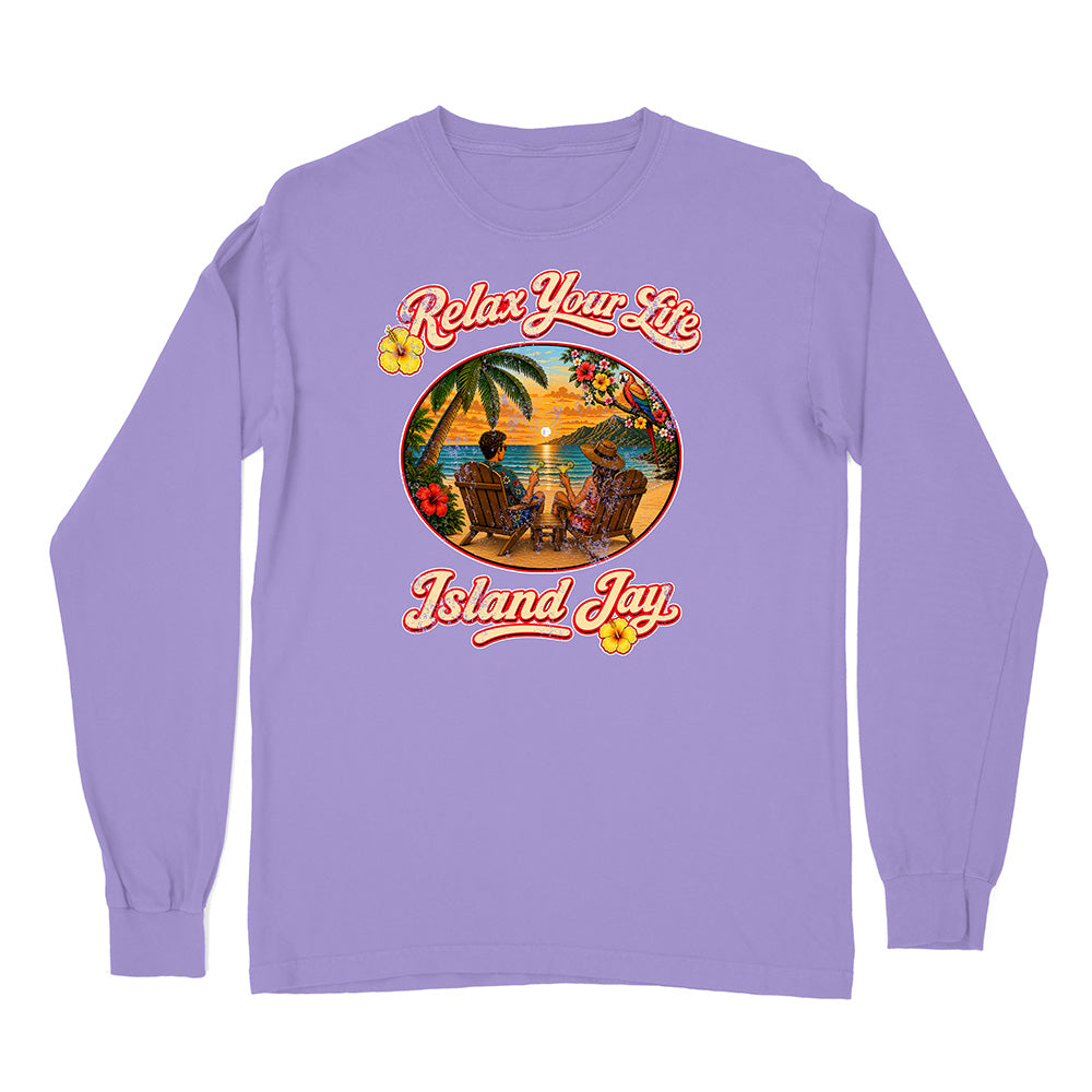 Purple long-sleeve shirt with a tropical graphic and 'Relax Your Life Island Jay' text on a white background
