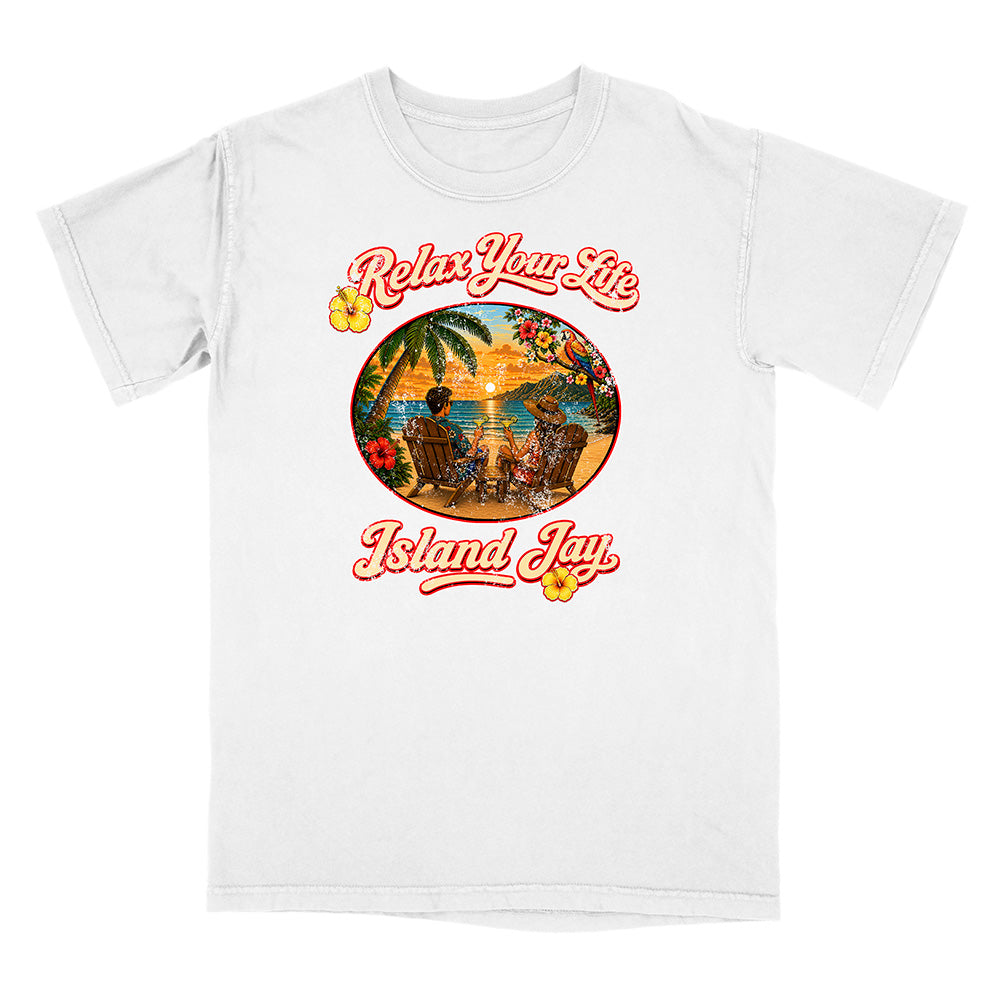 White t-shirt with 'Relax Your Life' and 'Island Jay' graphic design on a white background