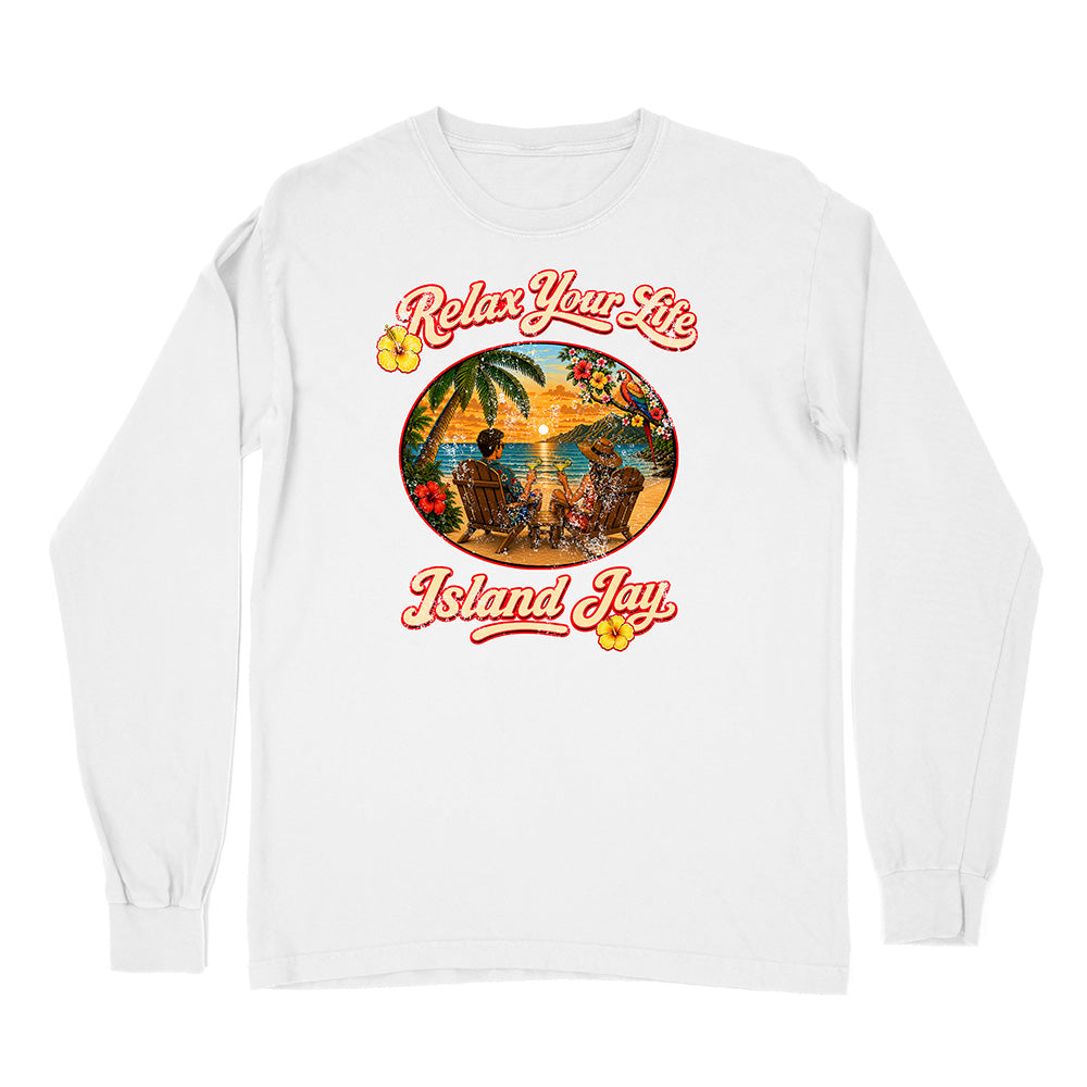 White long-sleeve shirt with a tropical graphic and 'Relax Your Life, Island Jay' text on a white background