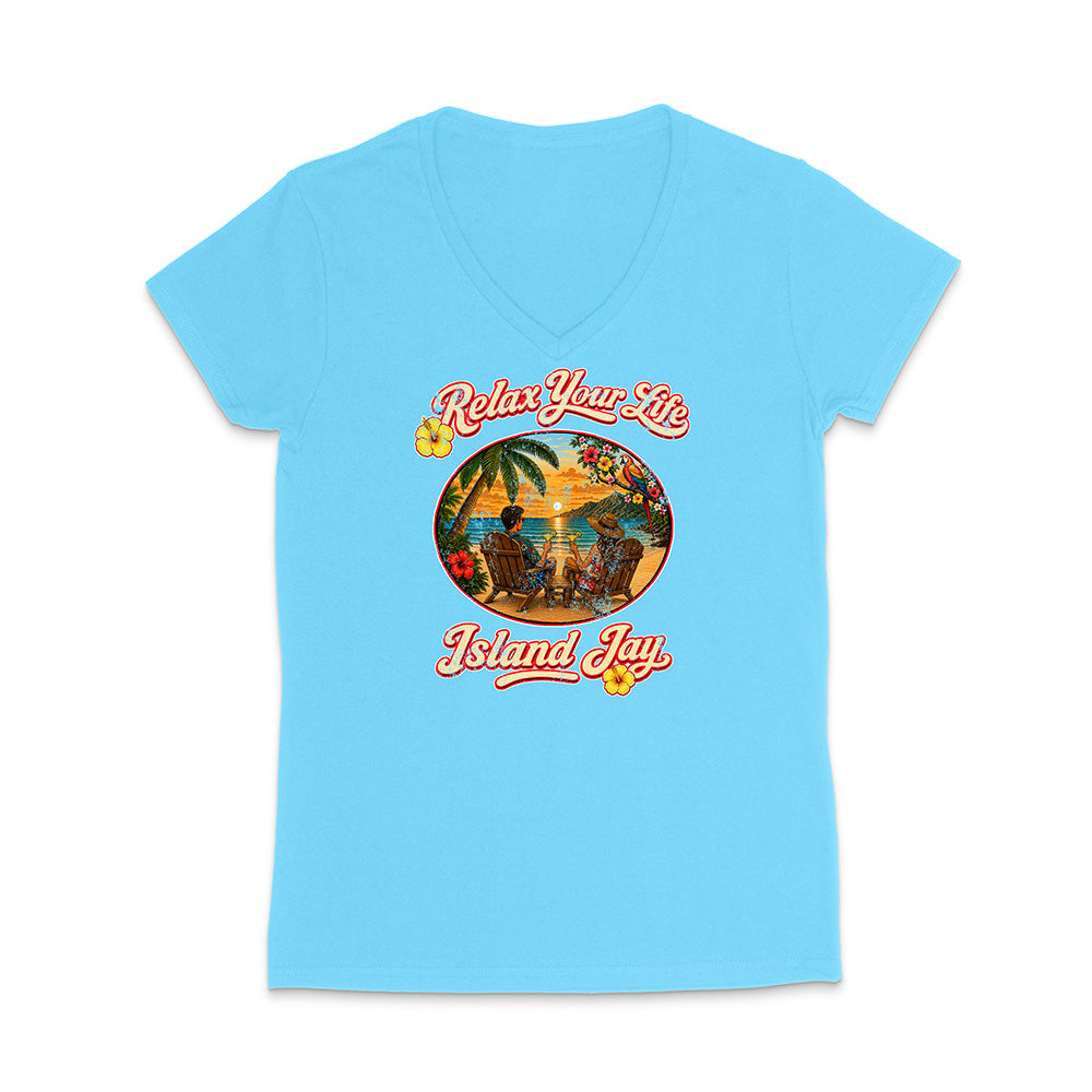 Light blue t-shirt with 'Relax Your Life Island Jay' graphic design on a white background
