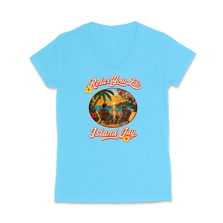 Light blue t-shirt with 'Relax Your Life Island Jay' graphic design on a white background