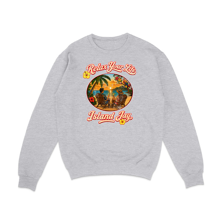 Gray sweatshirt with 'Relax Your Life Island Jay' graphic on a white background