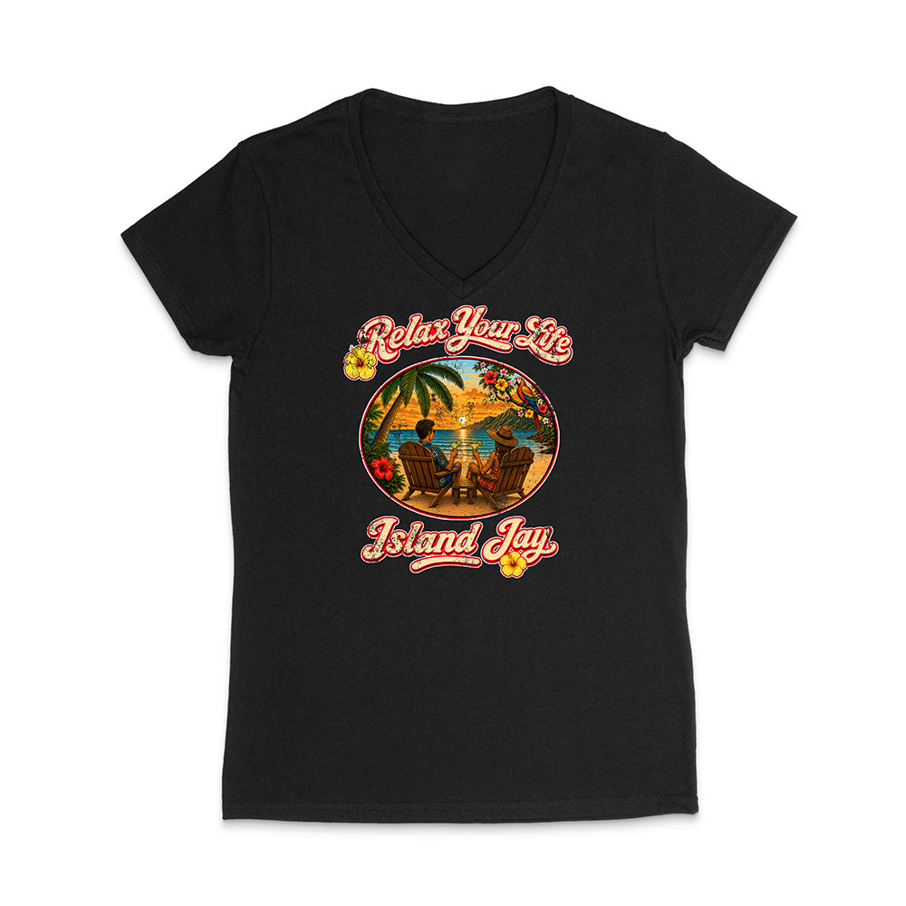 Black t-shirt with a tropical graphic and text on a white background