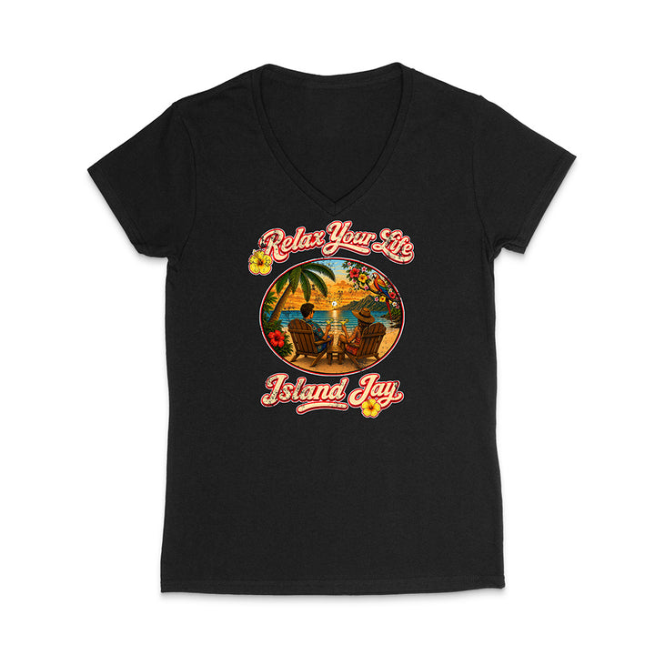 Black t-shirt with a tropical graphic and text on a white background