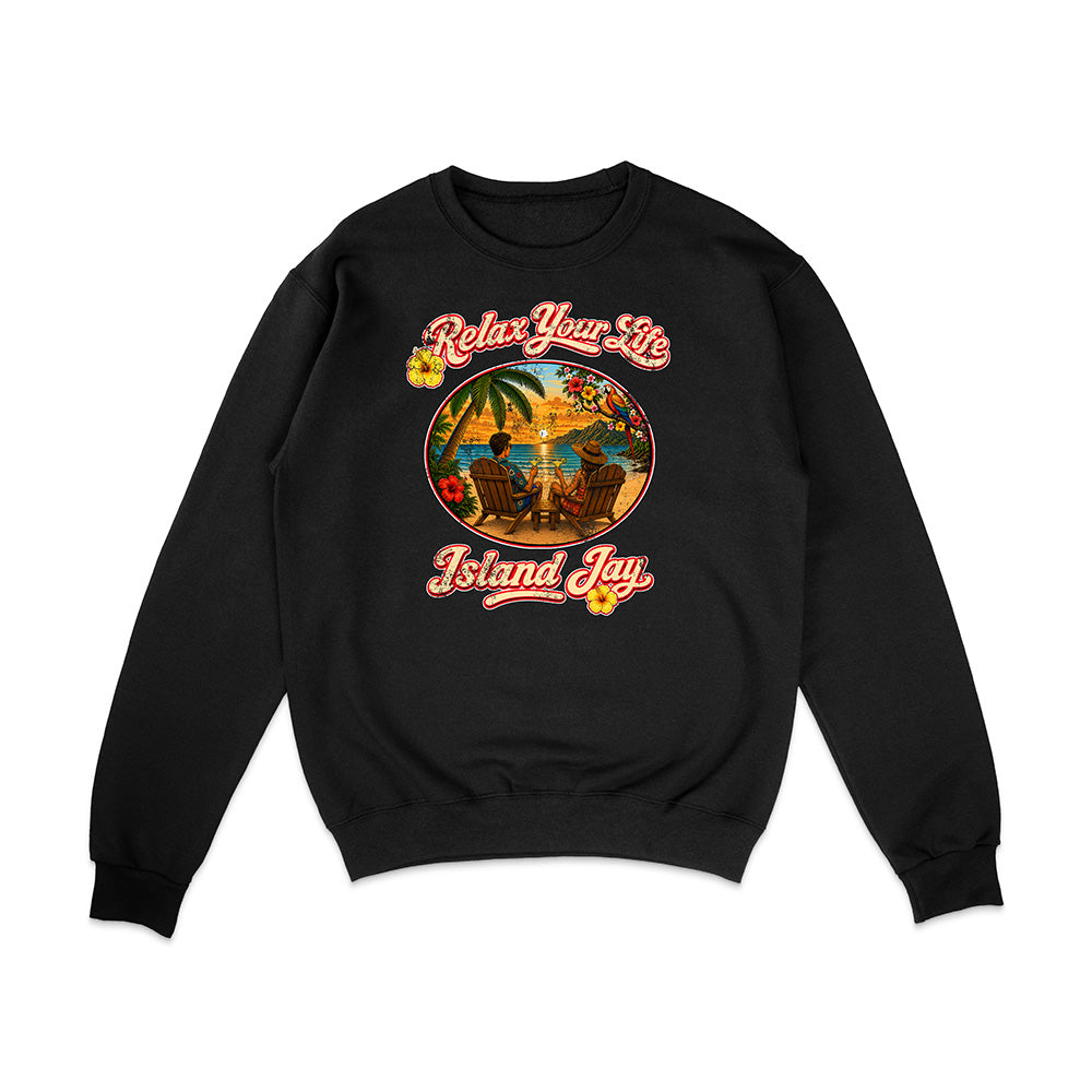 Black sweatshirt with 'Relax Your Life Island Jay' graphic on a white background