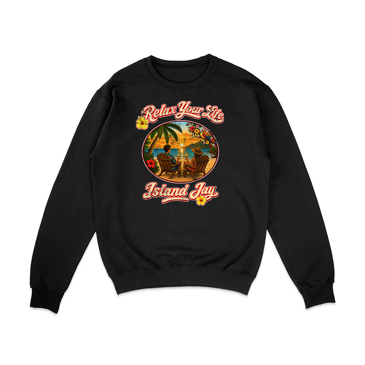 Black sweatshirt with 'Relax Your Life Island Jay' graphic on a white background