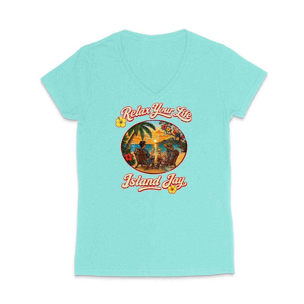 Light blue t-shirt with 'Relax Your Life Island Jay' graphic design on a white background
